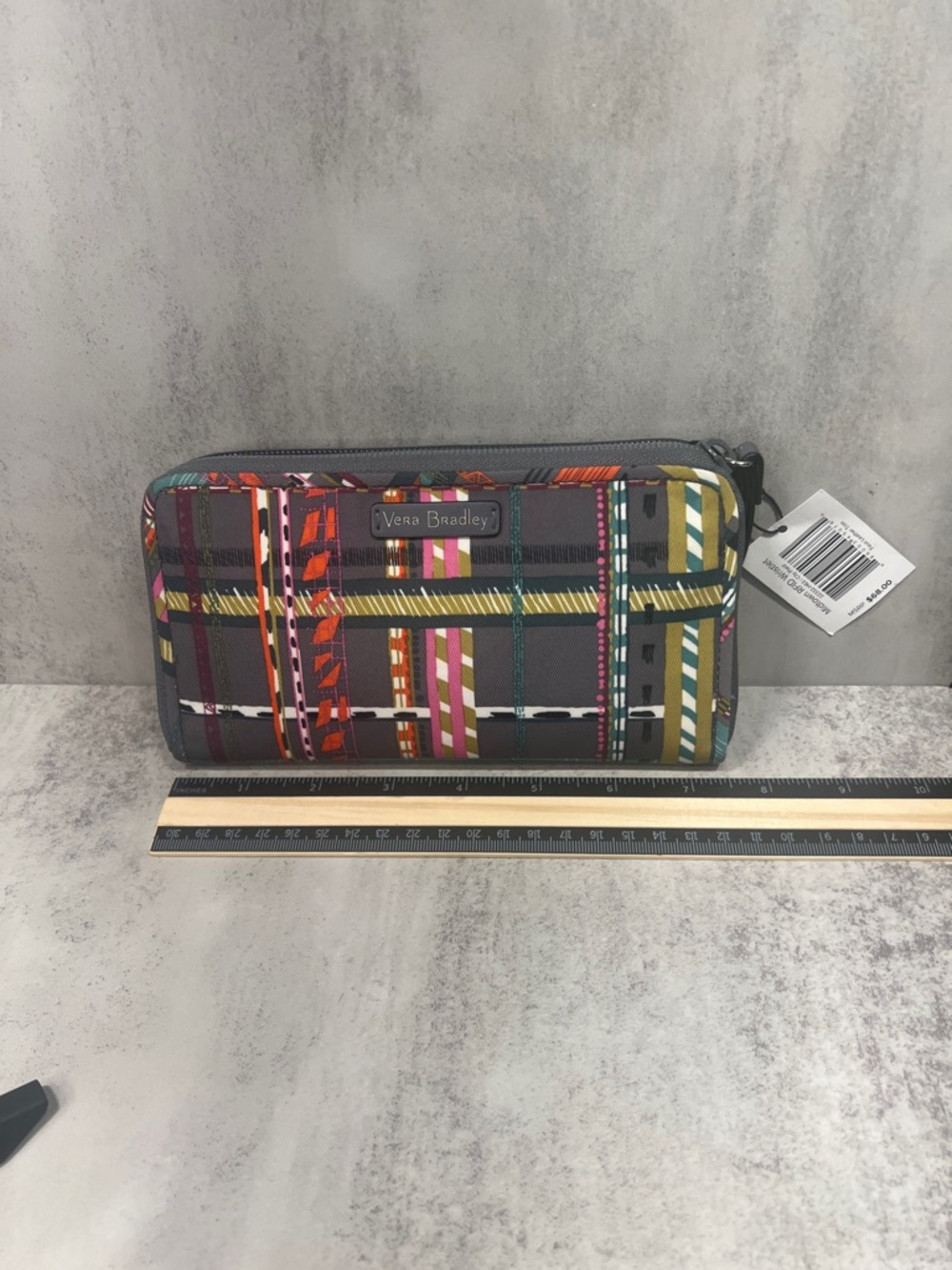 Vera Bradley Gray Zip Wallet with Multicolor Plaid Stripes